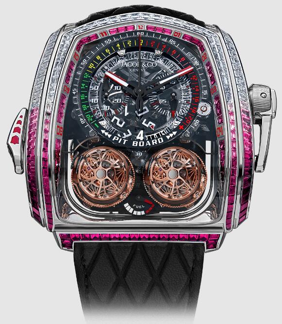 Review Jacob & Co TWIN TURBO FURIOUS BAGUETTE WHITE DIAMONDS & RUBIES TT800.30.BR.UA.A Replica watch - Click Image to Close